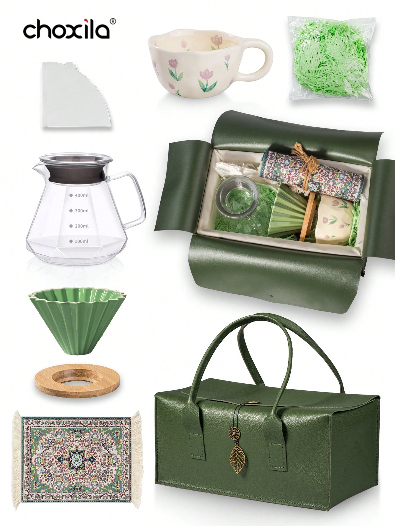 Coffee Equipment Kit - ชุดกาแฟเทโอเวอร์ 8 ชิ้น, ชุดเครื่องชงกาแฟแบบพกพาพร้อมถุงของขวัญสีเขียว, อุปกรณ์เสริมกาแฟชงมือสําหรับใช้ในบ้านหรือปัจจุบัน