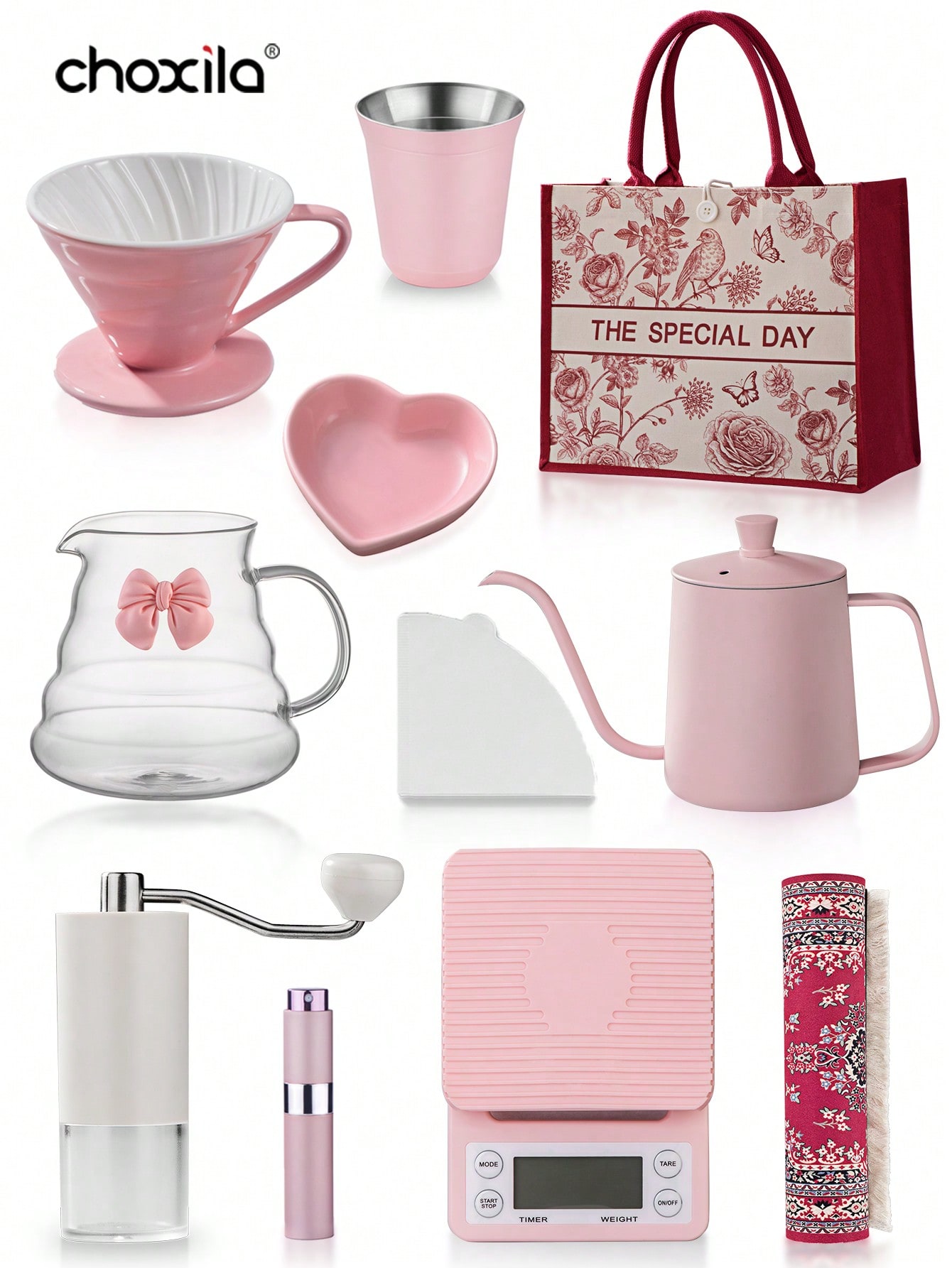 Coffee Equipment Kit - 1 ชุดสีชมพู Pour Over Coffee ชุดเครื่องชงกาแฟมือพร้อมกระเป๋าถือ,