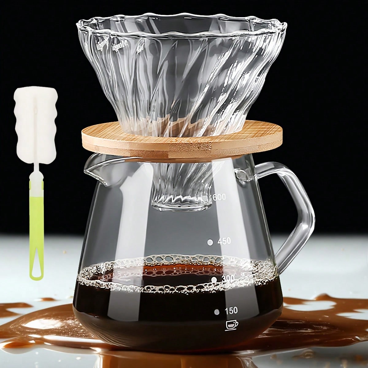 Coffee Equipment Pour Over - ชุดเครื่องชงกาแฟแบบเท, เครื่องชงกาแฟแก้วบอโรซิลิเกตพร้อมแปรงทำความสะอาด, เหยือกกาแฟดริปแบบเทสำหรับโฮมคาเฟ่