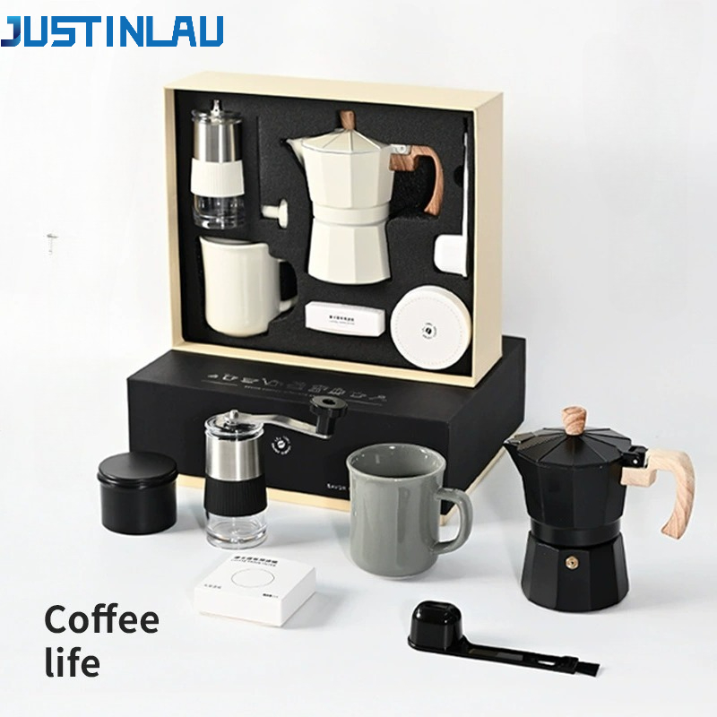 Coffee Equipment Gift Set - ชุดเครื่องบดกาแฟมือหมุน JUSTINLAU พร้อมเครื่องชงกาแฟเอสเปรสโซ หม้อโมก้า โถเก็บเมล็ดกาแฟ ถ้วยเซรามิก